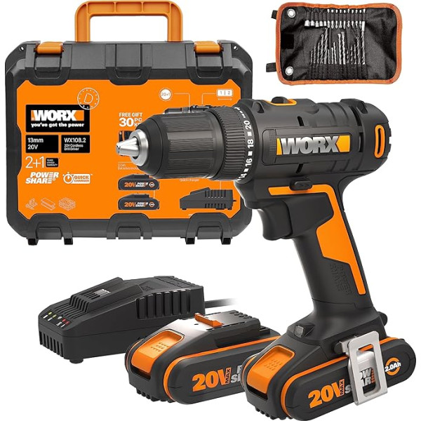 WORX 18 V (20 V MAX) WX108.2 PowerShare akumulatora urbis, maks. 45 Nm, ar 2 x 2,0 Ah akumulatoriem un 30 urbšanas piederumiem, 2 LED diodes, 13 mm bezatslēgu skava.