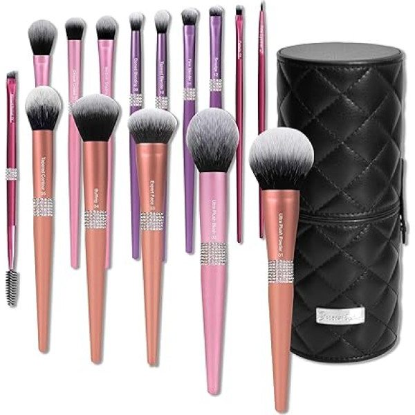 Bueart Design Rhinestone Makeup Brush Set, Ultra Soft Colorful Labeled Travel Makeup Brush PU Leather Case Rainbow Pink Makeup Brush Set with Powder, Foundation, Contour, Blush