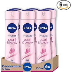 Nivea Pērļu un skaistuma dezodorants izsmidzināms 6 gabalu iepakojumā (6 x 150 ml) Sieviešu smaržu atsvaidzinātājs ar pērļu ekstraktiem mirdzošai un maigai ādai, antiperspirants dezodorants izsmidzināms 48 stundu laikā.