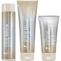 Joico Blonde Life balināšanas komplekts: Šampūns (300ml), mitrinošs kondicionieris (250ml), mitrinoša un izlīdzinoša maska, maska (150ml).