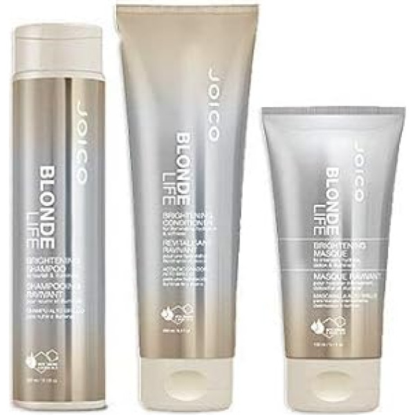 Joico Blonde Life balināšanas komplekts: Šampūns (300ml), mitrinošs kondicionieris (250ml), mitrinoša un izlīdzinoša maska, maska (150ml).