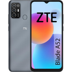 ZTE Blade A52 viedtālrunis, 6,52 collu HD+, 2 GB RAM, 64 GB atmiņa, 5000 mAh akumulators, pirkstu nospiedumu lasītājs, trīskārša 13 MP kamera, pelēks