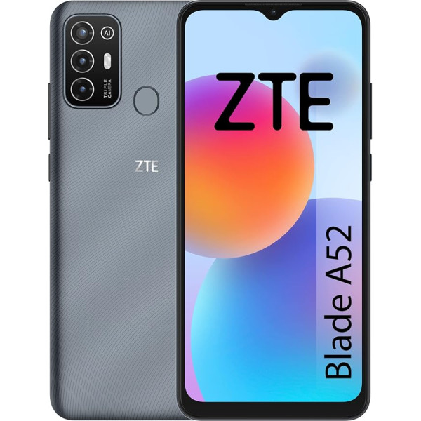 ZTE Blade A52 viedtālrunis, 6,52 collu HD+, 2 GB RAM, 64 GB atmiņa, 5000 mAh akumulators, pirkstu nospiedumu lasītājs, trīskārša 13 MP kamera, pelēks