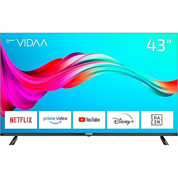 DYON Smart 43 VX 108 cm (43 collu) televizors (Full HD Smart TV, HD trīskāršais uztvērējs (DVB-C/-S2/-T2), App Store, Prime Video, Netflix, YouTube, DAZN, Disney+) [Mod. 2022], melns