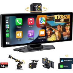 Vtopek Carplay displejs ar 4K Dash Cam 10,26 collu bezvadu Apple Carplay Android auto displejs ar HD IPS skārienekrānu Driveplay ar Mirror Link Dual Bluetooth Carplay ar aizmugures skata kameru 64G TF