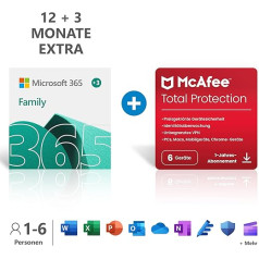 Microsoft 365 Family 12+3 mēnešu abonements | 6 lietotāji | Vairāki datori/Mac, planšetdatori/mobilās ierīces | Lejupielādes kods + McAfee Total Protection 2022 | 6 ierīces | 12 mēnešu abonements | Lejupielādes kods