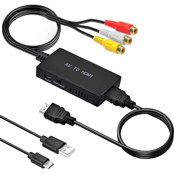 Amtake RCA uz HDMI, 1080P AV uz HDMI adapteris, RCA uz HDMI adapteris ar HDMI kabeli PS2/PS3/Xbox/SNES/N64/STB/VHS/VCR videoieraksta DVD, atbalsta PAL/NTSC