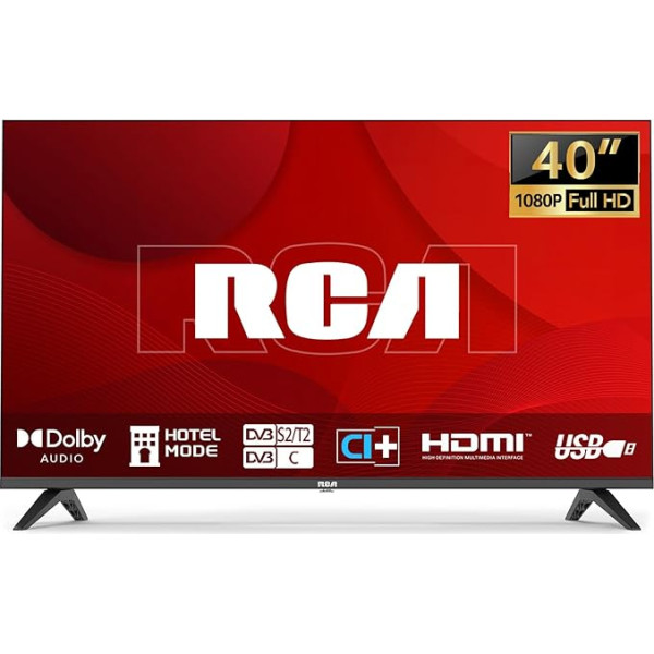 RCA TV 40 collu (100 cm) Full HD LED televizors TV ar trīs uztvērējiem (DVB-T/T2-C-S/S2) TV ar Dolby Audio HDMI multimediju atskaņotājs USB CI+ Viesnīcas režīms (NRB40FQ1, 2024)