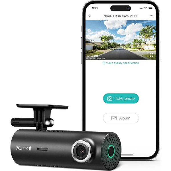 70mai Dash Cam, 1296P QHD, iebūvēta WiFi viedā kamera automašīnām, 140° platleņķa FOV, WDR, nakts redzamība, iOS/Android mobilā lietotne, M300 & M310 (M300)