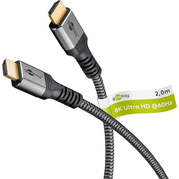 goobay Ātrdarbīgs 2.1 HDMI kabelis ar Ethernet, zeltīti savienotāji, Ultra HD izšķirtspēja līdz 8KHz @ 60 un 4K @ 120Hz, HDMI pagarinājums PS5, Xbox, Apple TV 4K, TV aksesuāri, 2 m, pelēks 65261