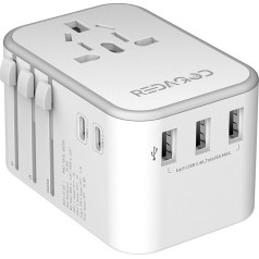 Redagod Ceļojuma adapteris pasaules 224+ valstīm, starptautisks kontaktligzdas adapteris ar 3 USB, 2 USB C un 1 maiņstrāvas kontaktligzdu, 30 W, universāla ceļojuma kontaktdakša Vācijai, ASV, Apvienotajai Karalistei, Japānai, Taizemei, Taizemei, 