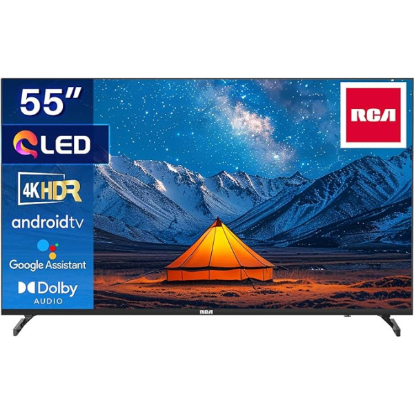 RCA QLED Smart TV 55 collu televizors Android TV 4K HDR HLG Dolby Audio Google Assistant Trīskāršais uztvērējs HDMI USB Bluetooth WiFi