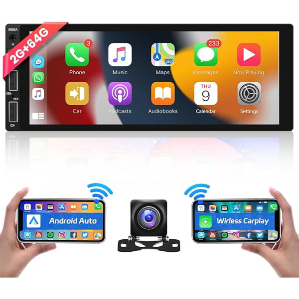 Hodozzy 2G 64G Android 13 Bezvadu Carplay Android auto, auto radio 1 DIN 6,86 collu skārienjūtīgais ekrāns Auto radio GPS navigācija Wi-Fi, radio 1 DIN Bluetooth FM/RDS USB AUX ieeja / EQ SWC + atpakaļgaita