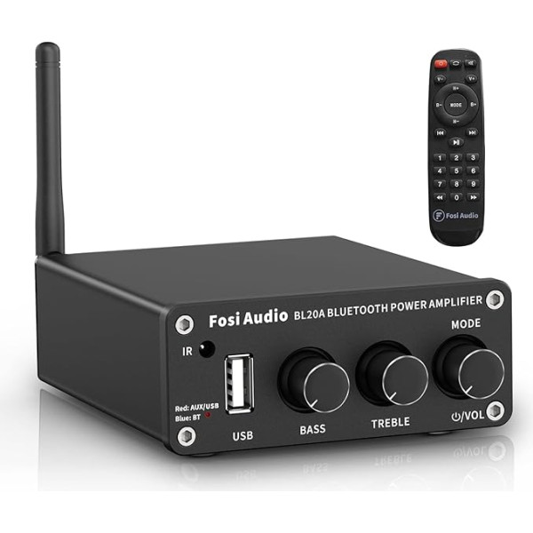 Fosi Audio BL20A Bluetooth 5.0 mājas audio stereo pastiprinātājs Mini Hi-Fi D klases integrētais pastiprinātājs U Disk AUX ar tālvadības pulti mājas skaļrunim 100 W × 2