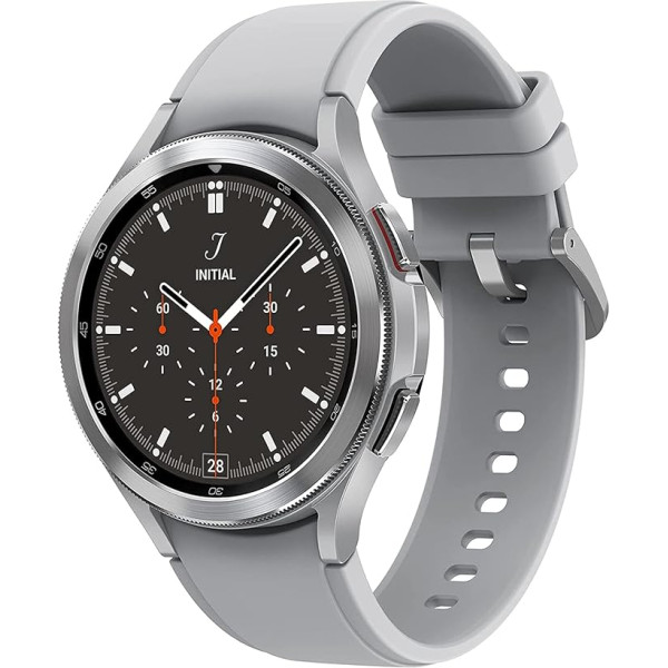 Samsung Galaxy Watch4 Classic, apaļš Bluetooth viedpulkstenis, Wear OS, rotējoša apmale, fitnesa pulkstenis, fitnesa sekotājs, 46 mm, sudraba (vācu versija)