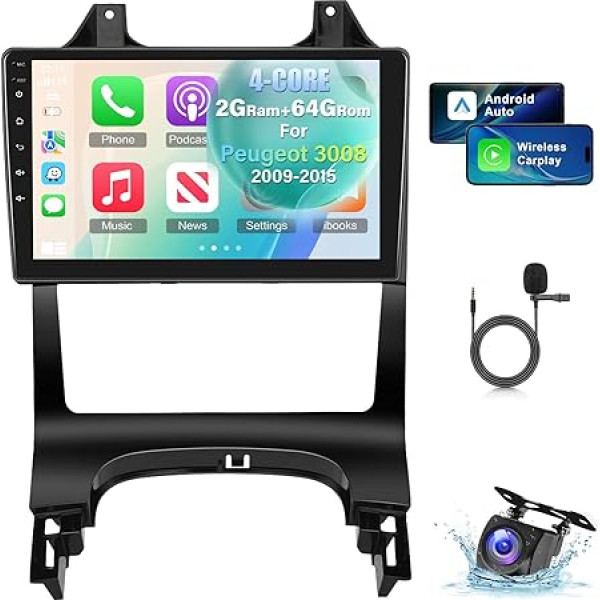 NHOPEEW 2+64G auto radio Peugeot 3008 2009-2015 - Bezvadu Carplay un Android Car - 9 collu Android 13 auto radio ar WiFi GPS EQ FM RDS + AHD aizmugures skata kamera un mikrofons