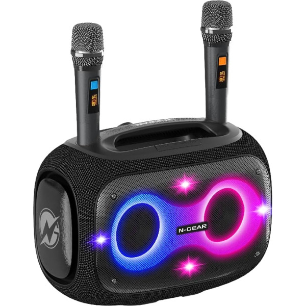 N-Gear NRG 600 Bluetooth skaļruņu mūzikas kaste - Bluetooth un karaoke iekārta ar 2 mikrofoniem vienā - 600 W, īpaši dziļi basi, IPX5 ūdensizturība, 10 stundu atskaņošanas laiks, LED apgaismojums