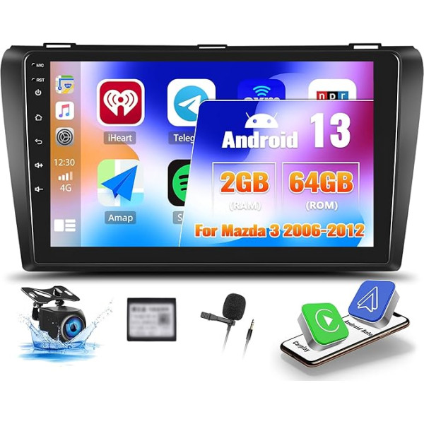 OiLiehu 2G + 64G Android 13 Auto radio 2 DIN Carplay Android automašīnai Mazda 3 2006-2012 Auto radio ar ekrānu 9 collu displejs Auto radio ar Mirror Link/EQ/Bluetooth/SWC/FM RDS/WiFi/GPS/ aizmugures skata kamera