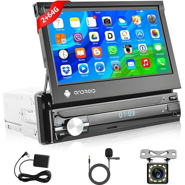 Podofo 2 + 64G Auto radio 1 DIN ar GPS navigāciju, Bluetooth RDS, 7 collu ekrāns Izvelkamais manuālais Android 13 Auto radio Stereo ar WiFi FM/RDS Radio Mirror Link Aux-in + atpakaļgaitas kamera