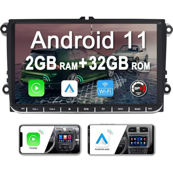 JUNHUA 9 collu 2GB + 32GB Android auto radio VW Golf 5 V Golf 6 VI Passat Polo Tiguan T5 EOS ar Wireless CarPlay Android auto, Double DIN Bluetooth auto radio ar satelītnavigāciju WiFi FM radio RDS USB SWC