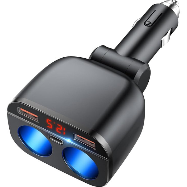 OOWOLF Cigarešu aizdedzinātāja sadalītāja adaptera sadalītājs - 5-in-1 auto lādētājs 12 V USB C auto kontaktdakša 12 V līdzstrāvas 80 W ar LED voltmetra slēdzi Dual USB