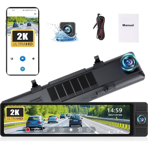 2K Mirror Dash Cam, 3 kanālu 10,8 collu aizmugures skata spoguļa kamera Triple Mirror Dash Cam Night Vision, G-sensors, autostāvvietas uzraudzība, App Control, 24H Parking Monitor, AHD Waterproof Reversing Camera