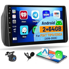 Hikity 2 + 64 GB Android 13 Auto radio Double DIN Fiat Tipo/Egea 2016-2020 ar Wireless CarPlay Android Car Mirror Link 9 collu skārienjūtīgais ekrāns ar navigāciju WiFi SWC FM RDS USB Mic