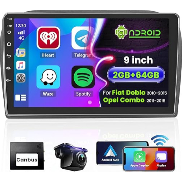 Hikity [2G + 64G] Android 13 auto radio ar bezvadu Carplay Android auto Fiat Doblo 2010-2015 Opel Combo 2011-2018 9 collu auto radio ar GPS navigāciju Bluetooth WiFi RDS HI-FI FM 2USB SWC aizmugurējais