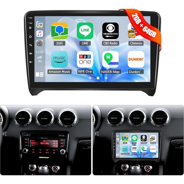 [8Core 2G + 64G] CAMECHO Android 13 auto radio Audi TT 8J MK2 2008-2014 ar navigācijas sistēmu Carplay Android Car, radio 2 DIN 9 collu ekrāns ar DSP RDS Bluetooth Mirror Link