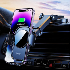 Auckly Qi 15W automašīnas tālruņa turētājs, bezvadu lādētājs, 【+ piesūceknis】Fast Wireless Car Charger Holder, automātiskais sensors, tālruņa turētājs, saderīgs ar iPhone 12, 13, 14 Pro Max Plus,