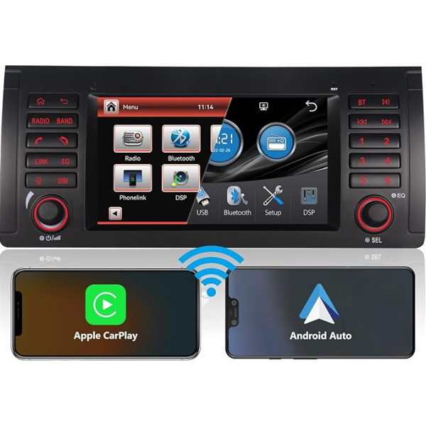 7 collu augstas veiktspējas DSP autoradio BMW 5. sērijas E39 M5 X5 radio iebūvēts bezvadu Carplay un Android navigācijas sistēmas auto stūres vadības stūres EQ zemfrekvences skaļrunis Bluetooth 1080P IPS skārienekrāns AM/FM/RDS