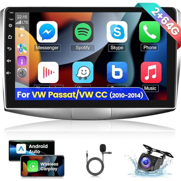 2+64G Android auto radio Volkswagen VW Passat / VW CC 2010-2014 - 10,1 collu bezvadu Carplay radio atbalsta Android auto WiFi GPS navigāciju ar stūres ratu FM RDS + atpakaļgaitas kamera