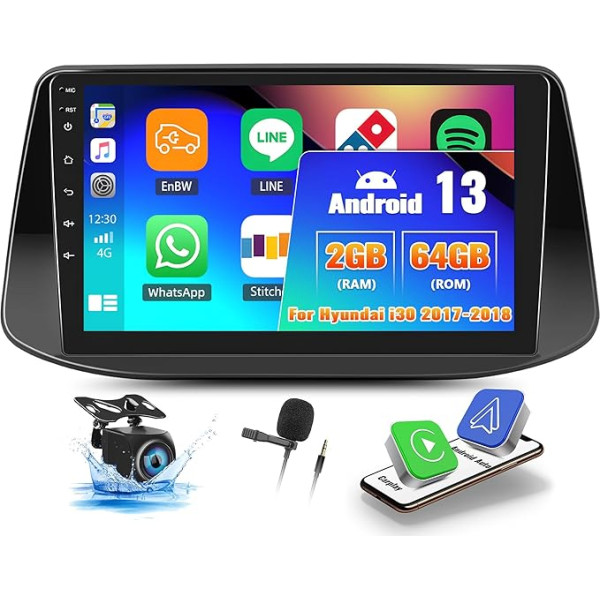 OiLiehu 2G + 64G Android 13 Auto radio 2DIN Carplay Android automašīnai Hyundai i30 2017-2018 Auto radio ar ekrānu 9 collu auto radio ar Mirror Link/EQ/Bluetooth/SWC/FM RDS/WiFi/GPS/ aizmugures skata kameru