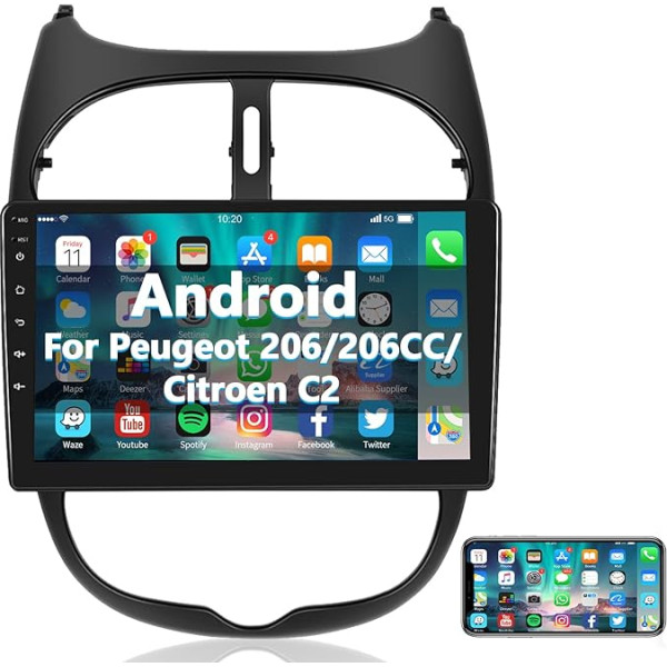 Podofo Android auto radio Peugeot 206/206CC 2001-2016 Cirteon C2, 9 collu skārienjūtīgais ekrāns GPS navigācija WiFi Bluetooth brīvroku zvans FM RDS radio Mirror Link USB HD auto stereo atskaņotājs