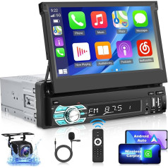 1 DIN auto radio ar paplašināmu displeju ar bezvadu Carplay un Android Car - 7 collu auto radio Carplay atbalsts Mirror Link USB Type C + AHD atpakaļgaitas kamera un tālvadības pults