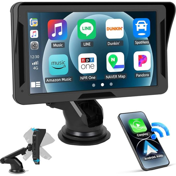 CAMECHO Bezvadu Carplay Android automašīna automašīnai (7-32 V), 7 collu displejs, pārnēsājams ar Apple Airplay/Android MirrorLink/Siri/Bluetooth/FM raidītājs/AUX/TF ports