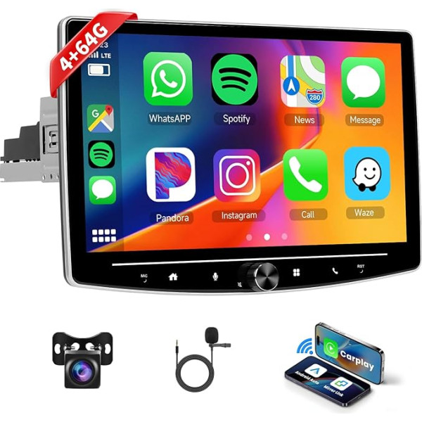 Podofo Android 13 Auto radio Bezvadu Carplay Android auto, 10,1 collu skārienjūtīgais ekrāns ar vienu DIN digitālo multivides uztvērēju 4G + 64G ar Bluetooth/Mirror Link/FM/RDS/WiFi/GPS Navi/Voice Control + atpakaļgaita