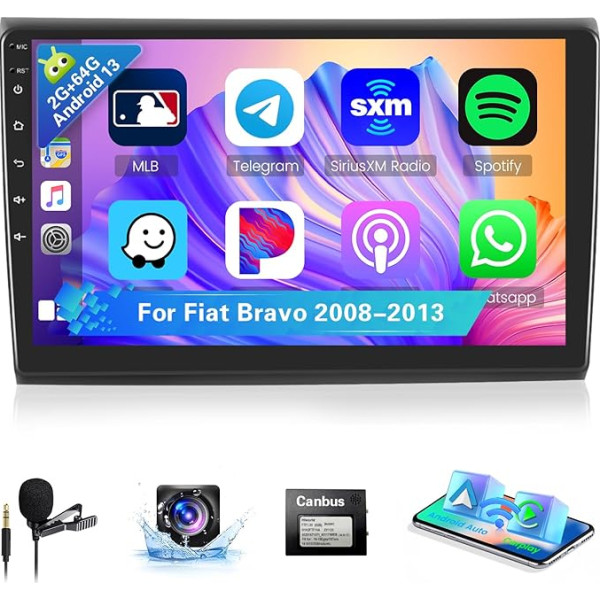 [8Cores 2G + 64G] Hikity Car Radio Sat Nav priekš Fiat Bravo 2008-2013 Android 13 Touch Display ar FM RDS 32EQ 59UI Wireless Carplay Android Car 9 Inch Screen GPS WiFi Bluetooth Mic atpakaļgaitas kamera