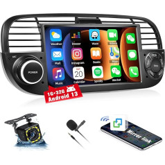 CAMECHO 1 + 32 GB Android 13 Auto radio Fiat 500 2007-2015 ar 7 collu skārienjūtīgo ekrānu, Bluetooth Sat GPS WiFi Mirror Link FM RDS USB SWC Mic + atpakaļgaitas kamera