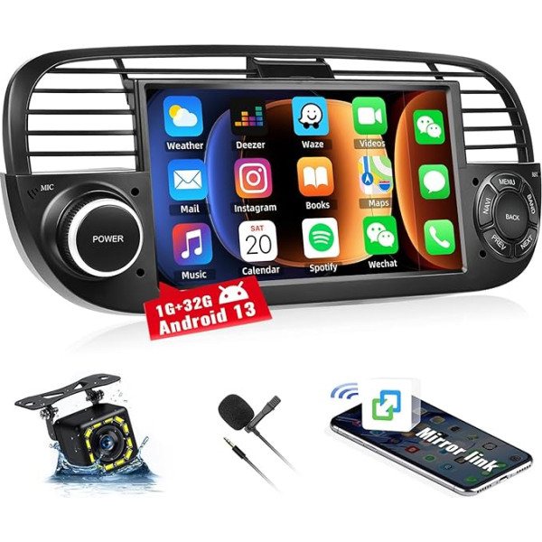 CAMECHO 1 + 32 GB Android 13 Auto radio Fiat 500 2007-2015 ar 7 collu skārienjūtīgo ekrānu, Bluetooth Sat GPS WiFi Mirror Link FM RDS USB SWC Mic + atpakaļgaitas kamera