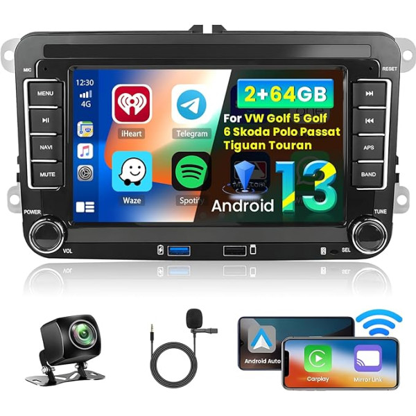 Inefala 7 collu Android 13 auto radio VW Golf 5 Golf 6 Skoda Polo Passat Tiguan Touran 2 DIN ekrāns (2+64GB) ar bezvadu CarPlay Android auto FM RDS GPS Bluetooth Bluetooth WiFi WiFi USB stūres vadības stūres rats