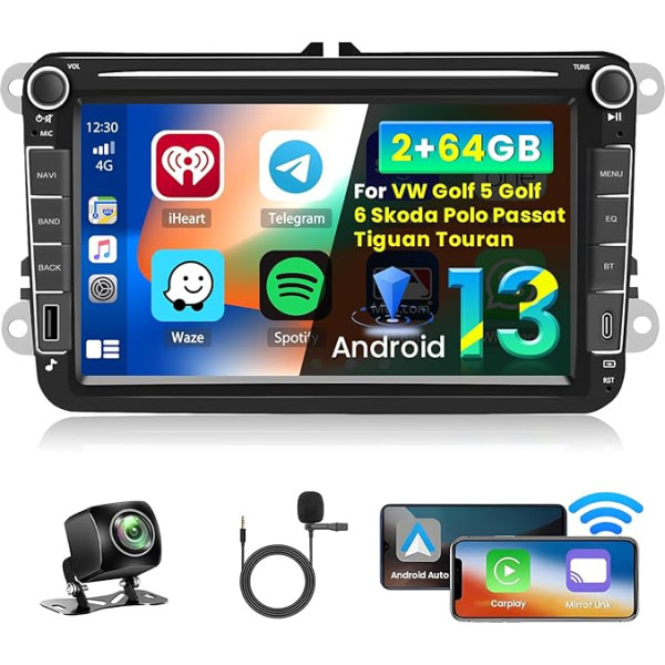 Inefala 8 collu Android 13 auto radio VW Golf 5 Golf 6 Skoda Polo Passat Tiguan Touran 2 DIN ekrāns (2 + 64GB) ar bezvadu CarPlay Android auto FM RDS GPS Bluetooth Bluetooth WiFi stūres vadības stūres rats