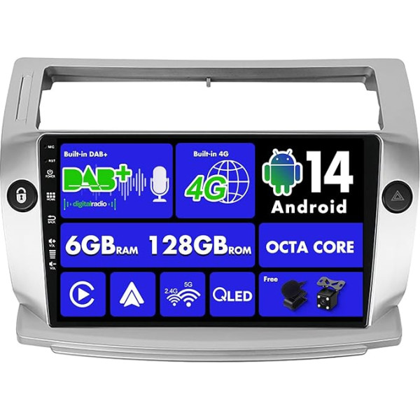 SXAUTO Android 13 [Iebūvēts 4G un DAB] 6G + 128G - Autoradio Citroen C4/C-Quatre/C-Triomphe (2004-2012) - Dual Band WiFi - CarPlay Android Car - Kamera + Mikrofons - Vadāmā stūres rata vadība - QLED 9 collas