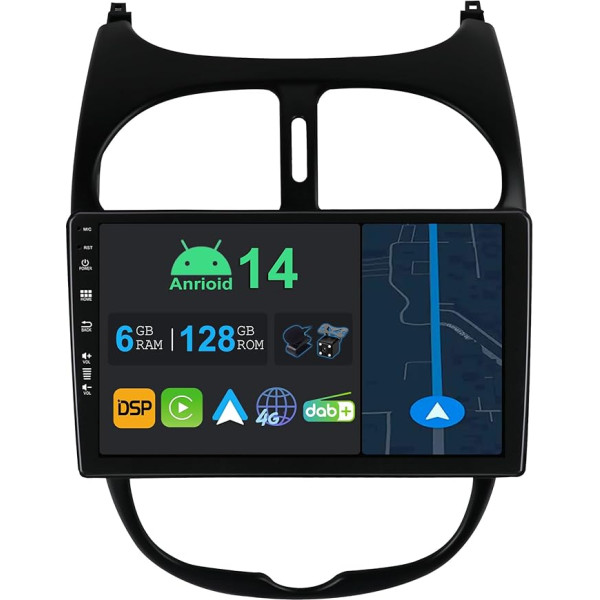 YUNTX 9 collu Android 13 auto radio ar satelītnavigāciju Peugeot 206 2002-2010 | Octa Core | 6GB 128GB | Iebūvēts 4G LTE | CarPlay un Android Car | DSP | DAB | QLED | Dual Band WiFi | Bluetooth 5.0 | GPS