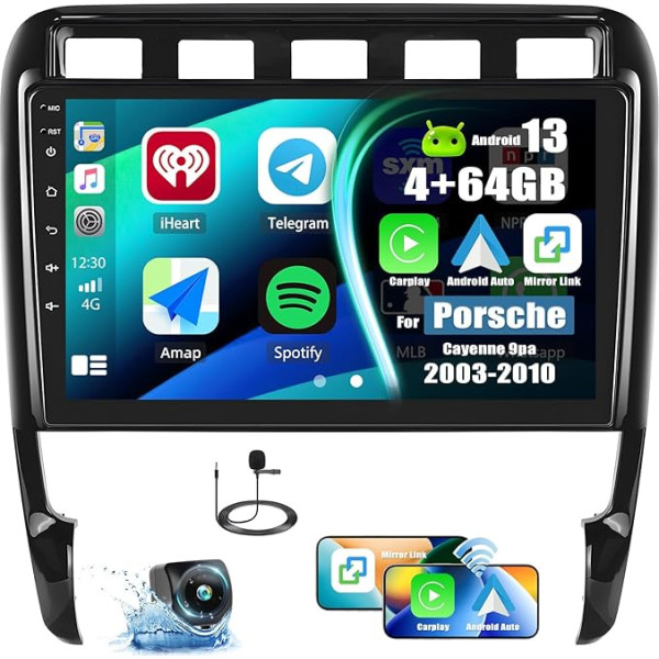 4+64G Android 13 Auto radio Porsche Cayenne 2003-2010 ar Carplay Android auto, 9 collu skārienjūtīgais ekrāns Radio ar inteliģento balss Bluetooth WiFi GPS FM / RDS 36EQ tīkla radio SWC + atpakaļgaitas kamera