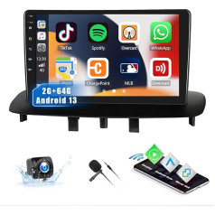 CAMECHO 2G + 64G Android 13 auto radio Renault Megane 3 2008-2014, 9 collu ekrāns, auto radio ar bezvadu Carplay Android auto Bluetooth Mirror Link FM/RDS WiFi/USB + atpakaļgaitas kamera