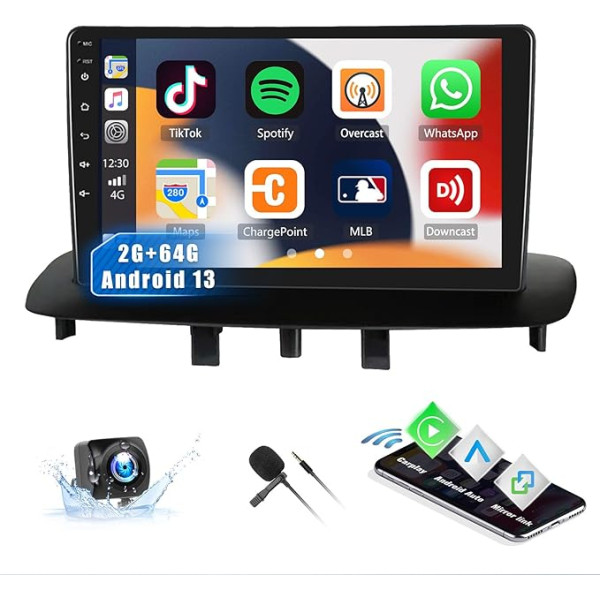 CAMECHO 2G + 64G Android 13 auto radio Renault Megane 3 2008-2014, 9 collu ekrāns, auto radio ar bezvadu Carplay Android auto Bluetooth Mirror Link FM/RDS WiFi/USB + atpakaļgaitas kamera