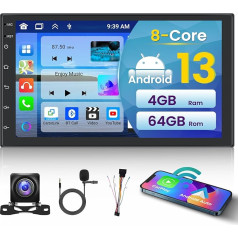 8 Core 4 + 64 GB auto radio ar bezvadu Carplay, 7 collu portatīvais skārienjūtīgais ekrāns Android 13 Radio ar bezvadu Android auto, GPS, Bluetooth, WiFi, 32EQ DSP, 59 UI, FM, RDS, aizmugures skata kamera