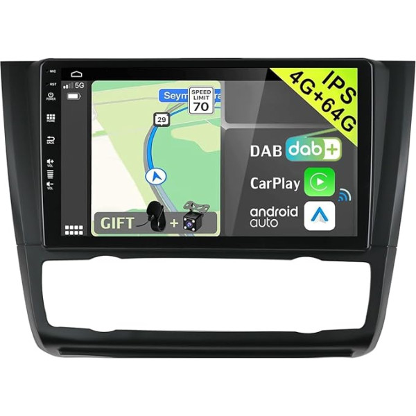 YUNTX [DAB-4G+64G] Android 13 auto radio BMW 1. sērijas E81 E82 E87 E88 (2008-2012)-[Integrēts DAB+/CarPlay/Android Auto/DSP/GPS]-9 collu IPS 2.5D skārienekrāns MIC+kamera USB/MirrorLink/Bluetooth 5.0