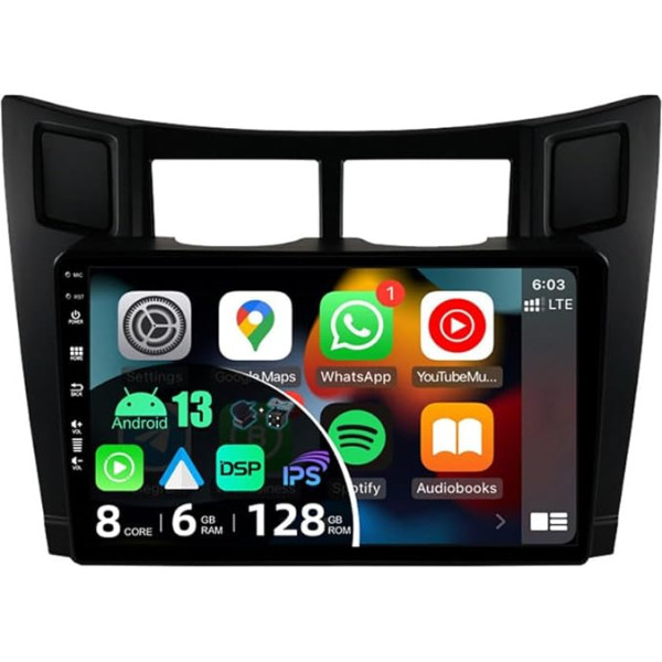 BXLIYER - [6G + 128G] - Android 12 IPS autoradio piemērots Toyota Yaris (2005-2011) - Bezvadu CarPlay/Android Car/DSP - LED kamera un MIC - 9 collu 2 DIN - DAB stūres vadības stūres ātrās laivas 360 kamera HD